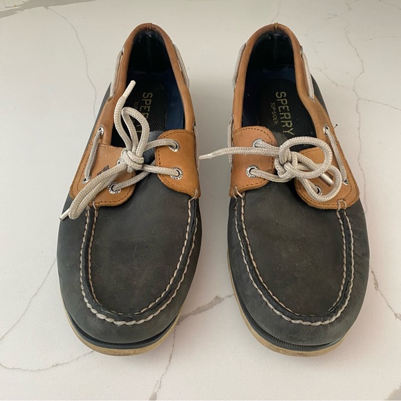 SPERRY TOP SIDERS TEO TONE BLUE TAN LEATHER BOAT SHOES SIZE 10 - Picture 3 of 9